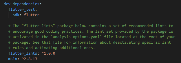 اضافه کردن وابستگی توسعه دهنده MSIX به pubspec.yaml